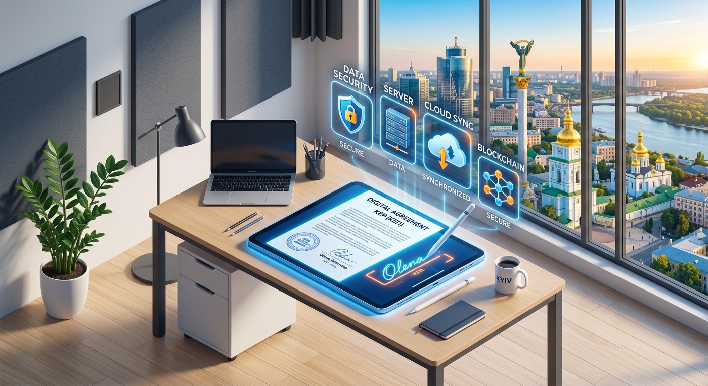 Isometric illustration of a digital workplace using an electronic signature against the background of Kyiv