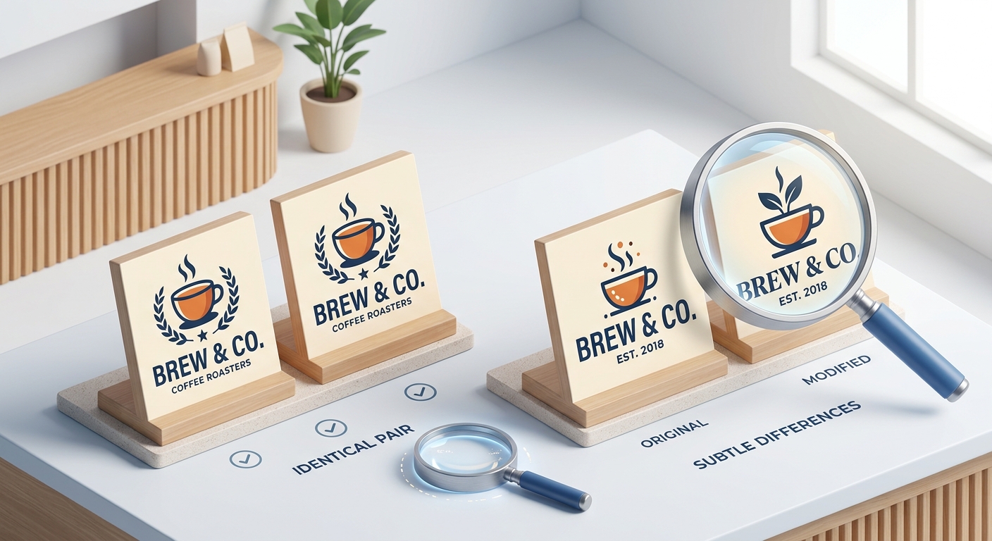 Illustration comparing two similar coffee shop logos under a magnifying glass, demonstrating the concept of likelihood of confusion.