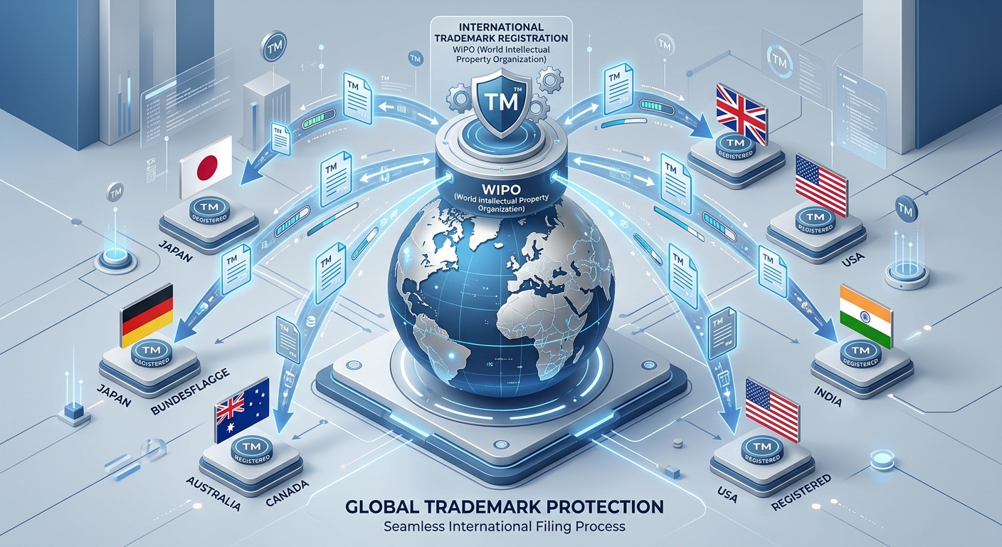 Stylized illustration of the international trademark registration process through WIPO