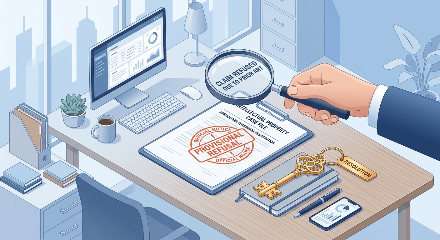 Isometric illustration of a legal document with a refusal and tools for analyzing and overcoming legal obstacles