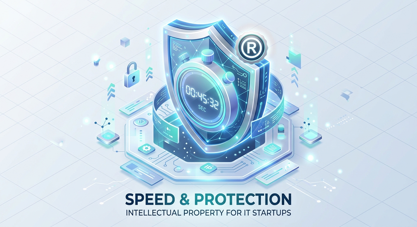 Isometric illustration with a stylized stopwatch and trademark symbol, symbolizing registration speed.