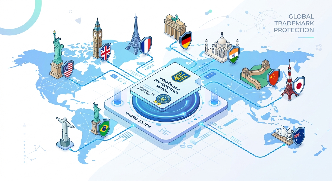 Isometric 3D illustration demonstrating the expansion of trademark protection from Ukraine to the international level via the Madrid System