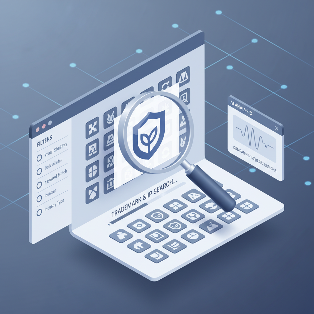 Illustration of the trademark identity search process in a legal database using digital tools.