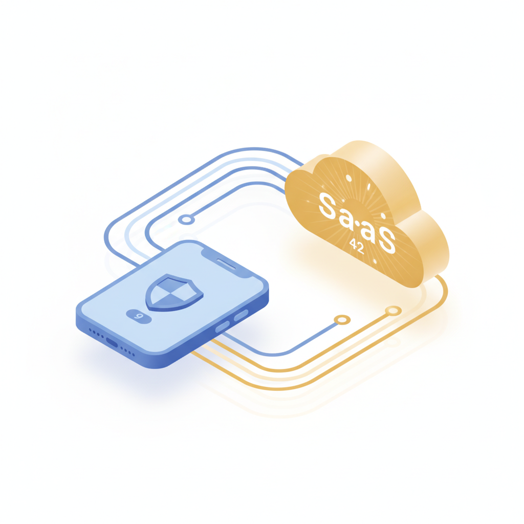 Isometric illustration symbolizing the protection of mobile apps and cloud services through Nice Classification classes
