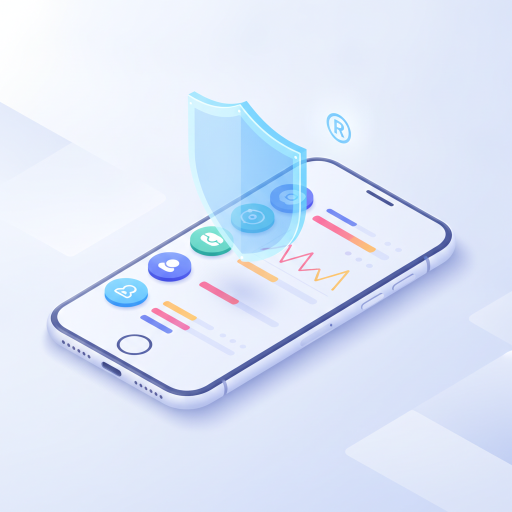 3D иллюстрация смартфона с элементами интерфейса и защитным щитом, символизирующим юридическую защиту графики