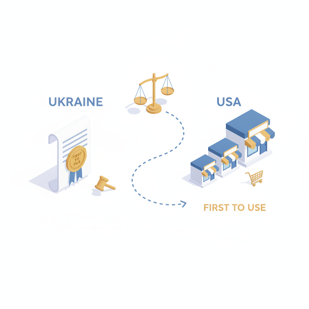 Ілюстрація, що порівнює принципи реєстрації торговельних марок в Україні та США