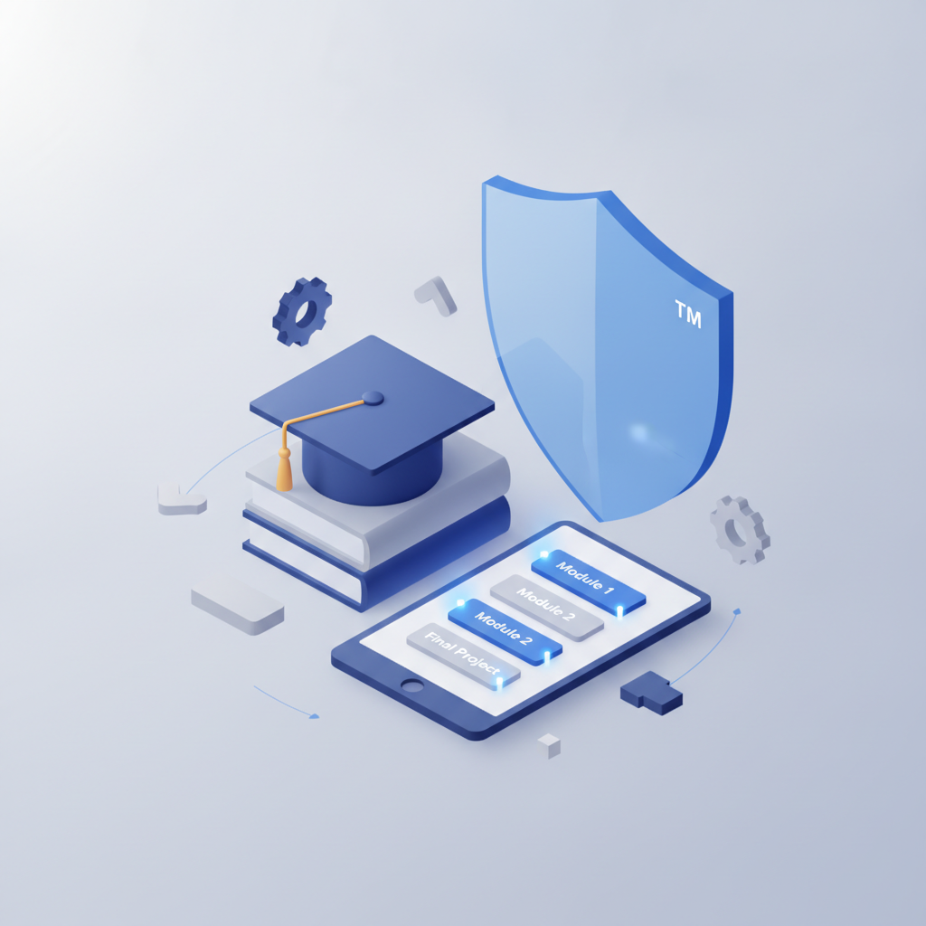 A modern 3D illustration depicting online education and a protective shield with a trademark symbol
