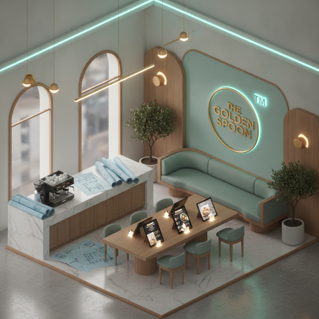 A stylish restaurant interior with highlights on intellectual property objects: logo, menu, and design