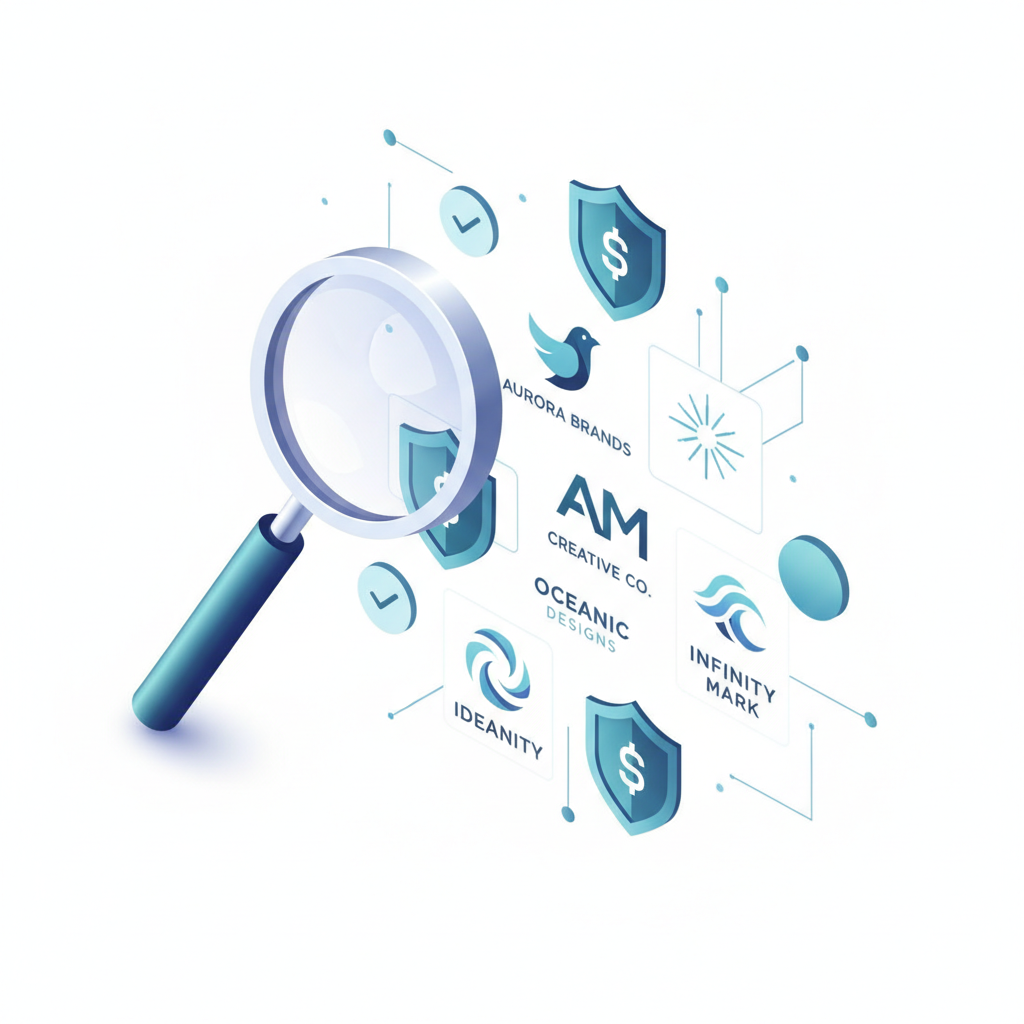 Illustration of the process of checking a brand name for compliance with legal standards and trademark registration