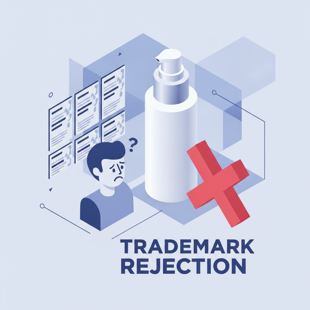 Illustration of a cosmetic product with a trademark registration refusal notice due to a descriptive name